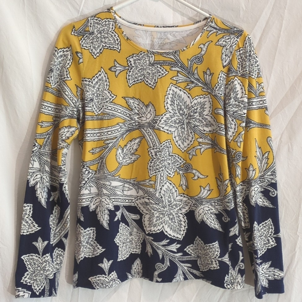 Talbots | Long Sleeve Tee Golden Yellow Navy Graphic Vine Leaf Print | SP